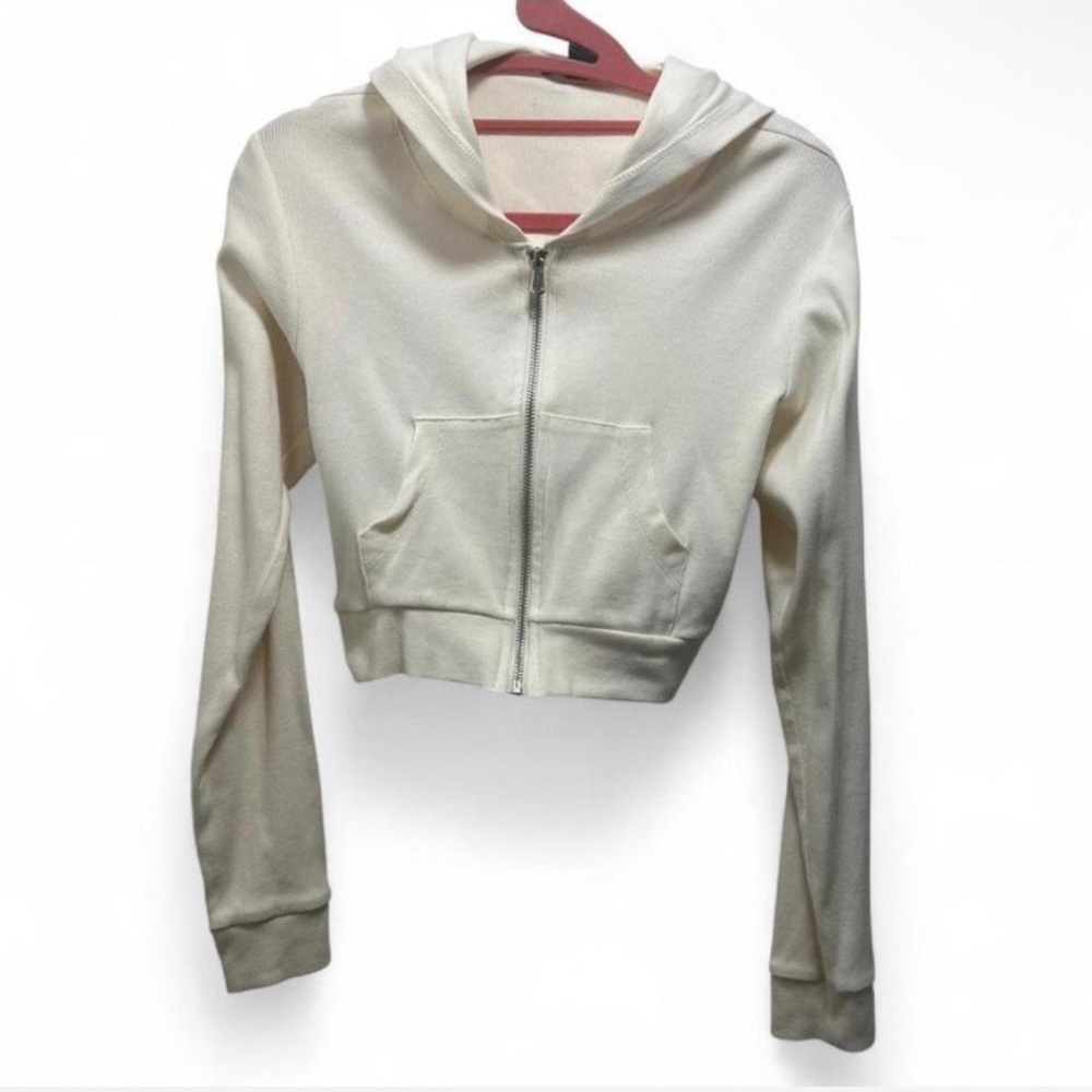 Forever 21 Cream Cropped Zip-Up Ribbed Hoodie